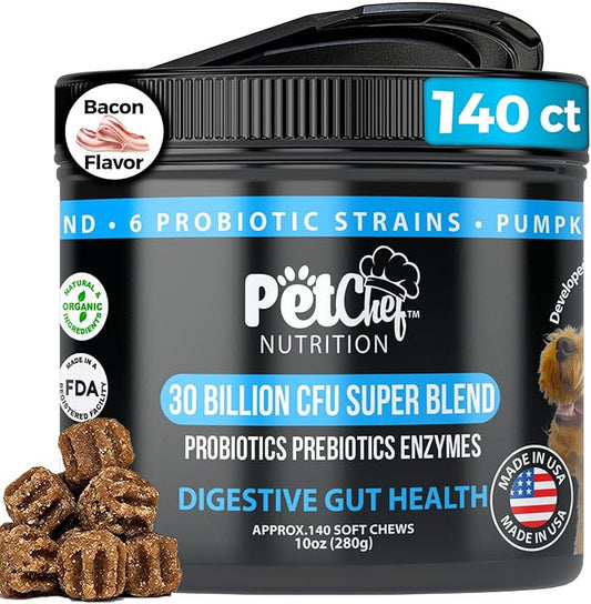 Pet Chef Probiotic Chews for Dogs-Digestive Health Support, Stops Yeast Infections, Relief for Itchy Dog Skin & Ears, Probiotics & Enzymes for Dog Gut Health - Natural Vitamins & Dog Supplements