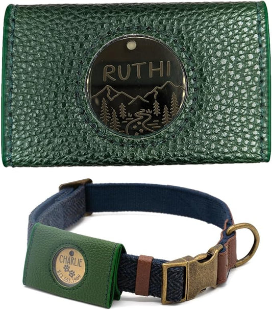 Dog Collar ID Holder - Dog Tag Silencer - No Noise Dog Tag Pouch for Dog Collar - Dog ID Tag Protector - Pockets for Dog accessories, Rabies Tags, Poop bags - Slide on Dog ID - Pet tag (Green)