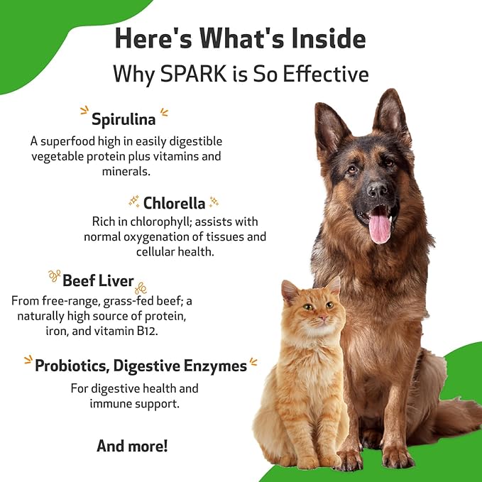 Pet Wellbeing Spark Daily Nutritional Greens Superfood for Dogs & Cats - Probiotics, Digestive Enzymes, Amino Acids, Antioxidants, Vitamin D, Spirulina & More - Vet-Formulated - 3.53 oz (100 g) Powder