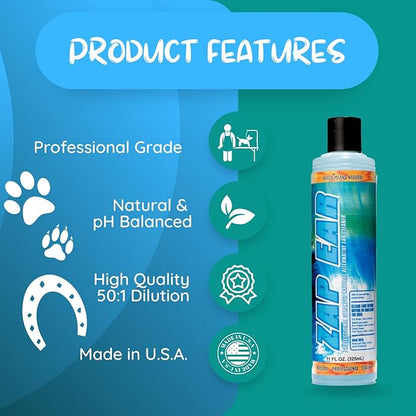 Laube Kelco Pet Ear Cleaner - Zap Ear Cleaning Solution for Dogs, Cats, Horses, and Pets - Anti-Itch Ear Wash and Debris Remover - Natural, pH Balanced, Biodegradable Vitamin E Formula (11 fl oz)