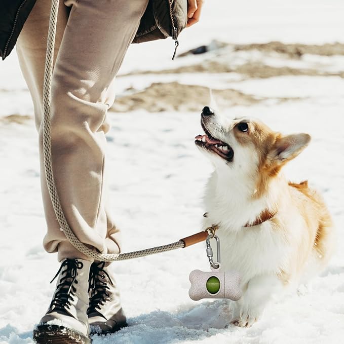 Bag Dispenser Dog Poop Bags Holder Dog Waste Bags Dispenser with Leak-Proof Green Poop Bags for Leash On The Go for Walking Dogs Outdoor(1 Holder 15 Bags，Beige)