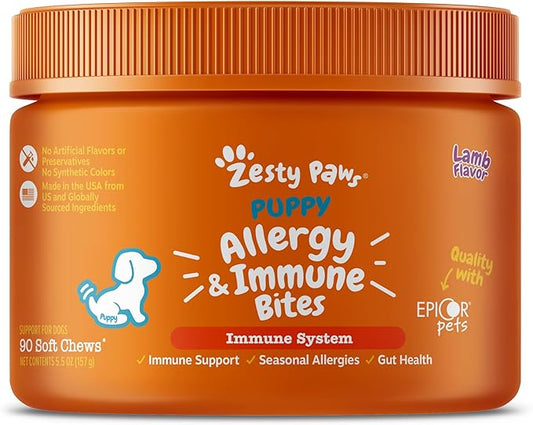Zesty Paws Dog Allergy Relief - Anti Itch Supplement - Omega 3 Probiotics for Dogs - Digestive Health - Soft Chews for Skin & Seasonal Allergies - with Epicor Pets - Puppy - Lamb - 90 count