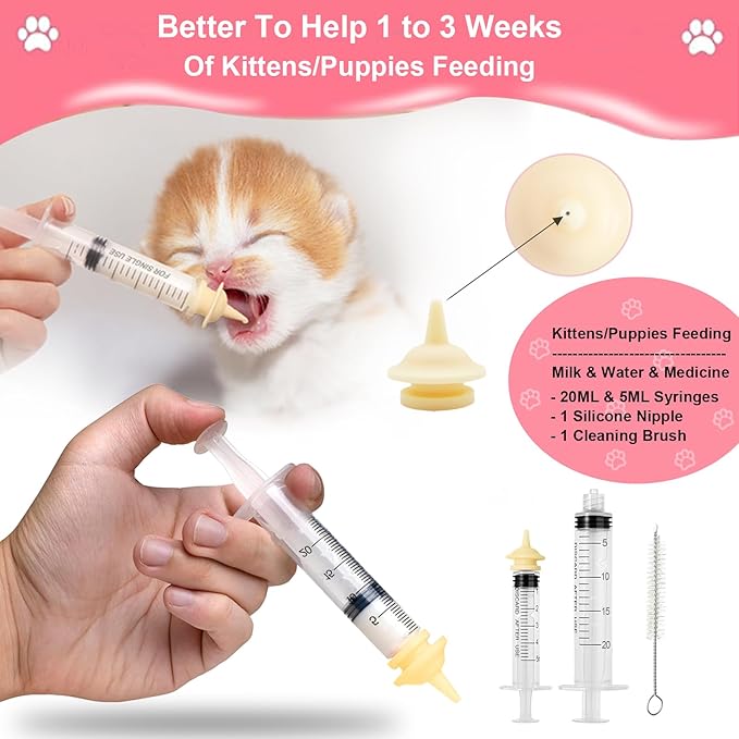 Puppy Feeders for Multiple Puppies - Height Adjustable Puppy Bottles for Nursing Puppy Milk, 10.2oz 5 Nipple Kitten Bottle with 2 Syringes for Newborn Animal, Feeding Station Milk Replacer