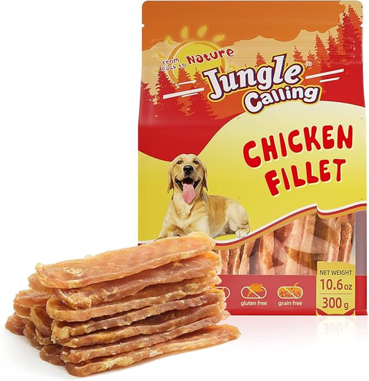Jungle Calling Dog Treats, Chicken Jerky Dog Treats, High Protein Grain Free Chicken Dog Training Treats, Slow Roasted Chicken Strips for Dogs, Chewy Chicken Fillets, 10.6 oz