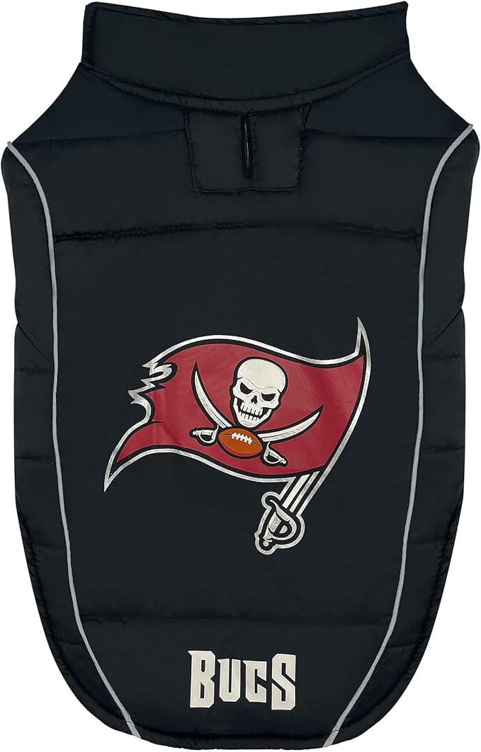 NFL Tampa Bay Buccaneers Puffer Vest for Dogs & Cats, Size Medium. Warm, Cozy, and Waterproof Dog Coat, for Small and Large Dogs/Cats. Best NFL Licensed PET Warming Sports Jacket