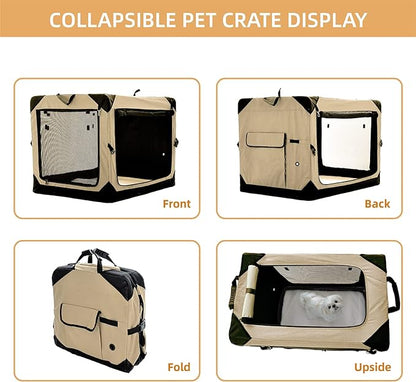 20 Inch Collapsible Dog Crate for Small Dogs, 4-Door Foldable Soft Dog Kennel with Chew Proof Mesh Windows, Indoor & Outdoor Travel Dog Crate, Soft Side Dog Crate,Beige