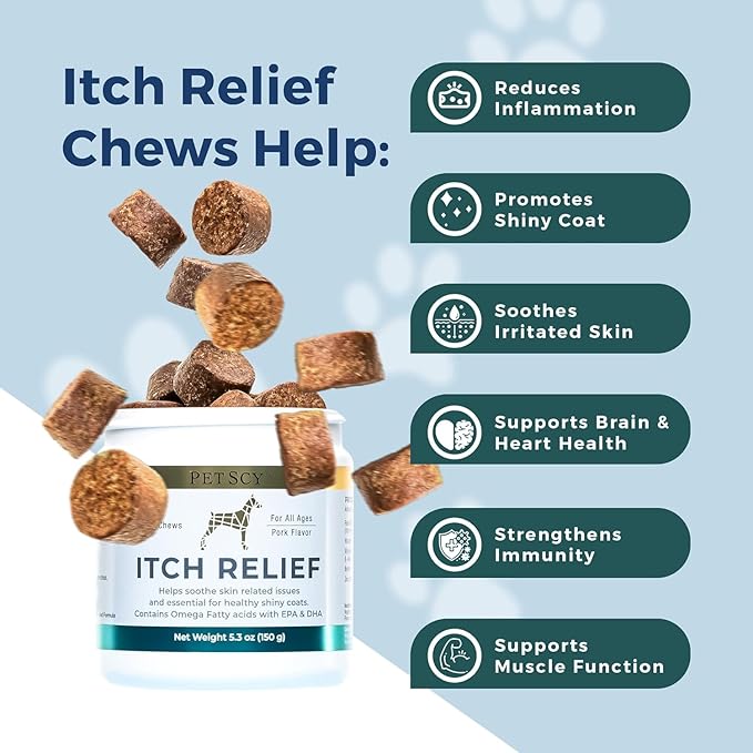 PetScy - Itch Relief & Aloe & Oatmeal Shampoo Bundle - Dog Itch Relief With Fatty Acids, EPA, DHA & Omega - Moisturizing Pet Shampoo for Skin Relief - For Healthy Shiny Coats - 30 Chews & 12 oz Bottle