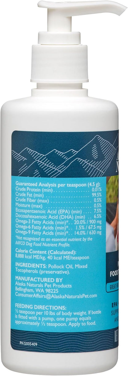 Sustainable Wild Alaskan Fish Oil for Dogs Skin and Coat – EPA + DHA Omega 3 Oil - Fatty Acids Dog Supplements - Support Fur Coat and Brain Health - Natural Liquid Food Topper for Pets – 8 oz. Pump