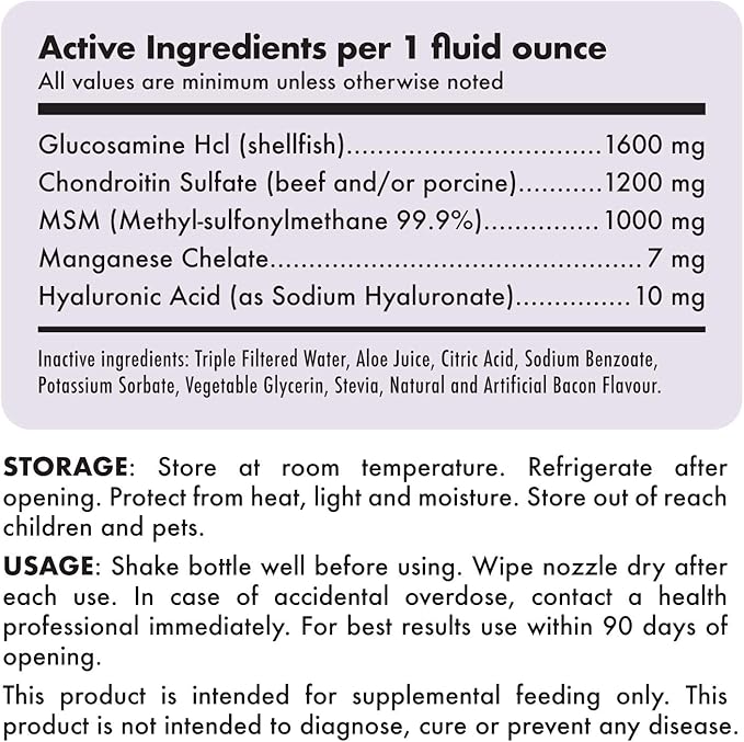 Liquid Glucosamine for Dogs Bacon Flavour with Chondroitin, MSM & Hyaluronic Acid K9 Supplement Hip and Joint Formula Advanced Mobility Joint Pain Relief Senior Advanced Supplement for All Breeds