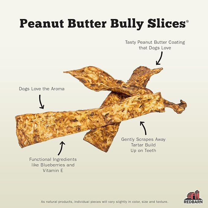Redbarn Bully Slices Beef Hide Dog Treats, Peanut Butter Flavor - Slow Roasted Grain-Free Rawhide Chew No Artificial Preservatives - 9 oz. (12 Bags)