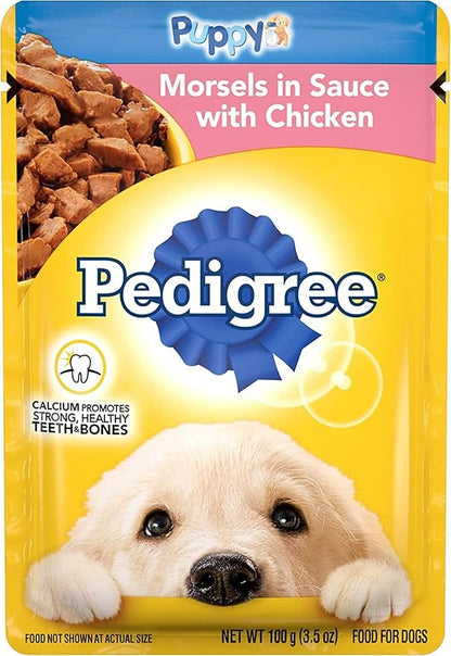 Pedigree Puppy Food Variety Bundle, 01 Bag (3.5LB) Chicken Flavor and 04 Pouches Morsels in Sauce, (02) Chicken and 02 Beef. Plus a Pet Nutrition Booklet.