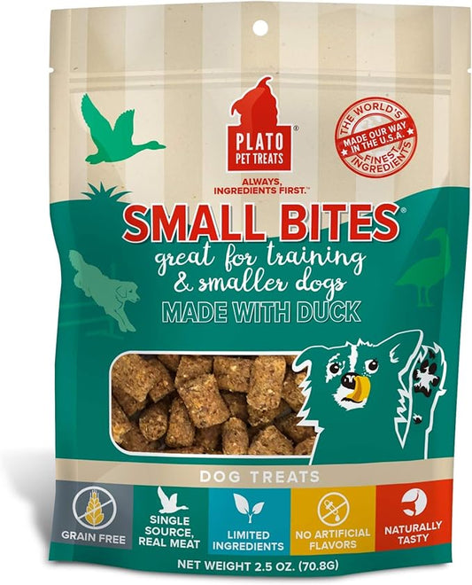 PLATO Small Bites Dog Treats, Natural Bite Sized Real Meat & Duck Flavor, Grain Free & High in Protein, Air Dried Authentic Ingredients, 2 Calories Per Treat, Made in the USA, 2.5 Ounces