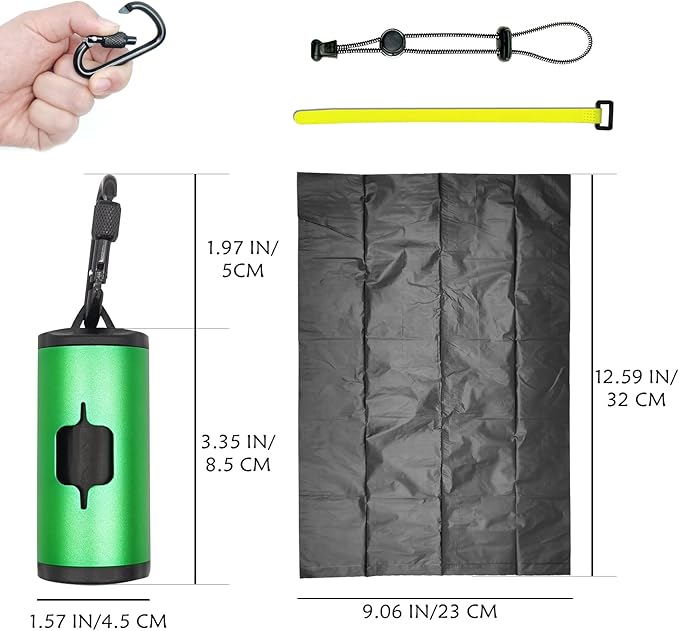 2 Pack Metal Dog Poop Bags Holder Aluminum Poo Bags Dispenser with 30 Black Unscented Pet Waste Bags and 3 Leash Accessories for Dog Walking(2 Holders 30 Bags,Green)