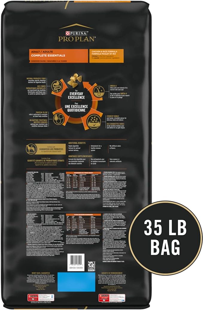 Purina Pro Plan High Protein Dog Food With Probiotics for Dogs, Shredded Blend Chicken & Rice Formula - 35 lb. Bag