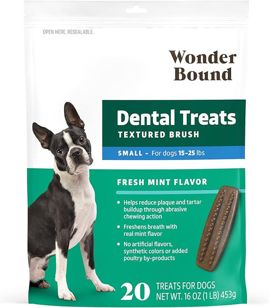 Amazon Brand - Wonder Bound Dog Dental Treats for Small Dogs (15-25 lbs), Fresh Mint Flavor, Made with Real Chicken, Nubbed Texture for Plaque & Tartar Control, Freshens Breath While Chewing, 20 Count