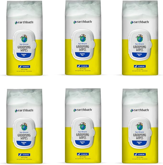earthbath, Hypo-Allergenic Grooming Wipes - Fragrance Free Dog Wipes for Paws and Butt, Best Pet Wipes for Dogs with Sensitive Skin, Made in USA, Cruelty-Free Dog Cleaning Wipes - 100 Count (6 Pack)