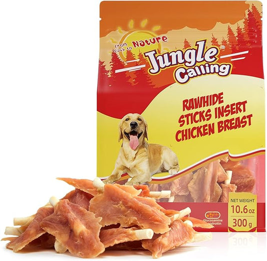 Jungle Calling Dog Treats,Chicken Jerky Wrapped Rawhide Chew Sticks-Long Lasting Chewing Food for all dogs,Hip Joint Health Rich in Glucosamine & Chondroitin,10.6 oz