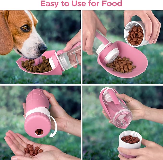 Dog Water Bottle, Pet Water Bottle with Food Container and Drinking Feeder, Leak Proof, BPA-Free, Portable Foldable Puppy Water cup Dispenser for Outdoor Walking, Travel, Hiking Small Pink