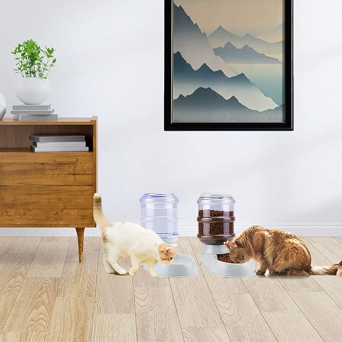 VaygWay Pet Feeder and Waterer – Self Dispensing Gravity Automatic Feeder - Food and Water Dispenser Set – Dog Cat Pet Food Bowl – 1 Gallon Feeder and 3.7 Waterer