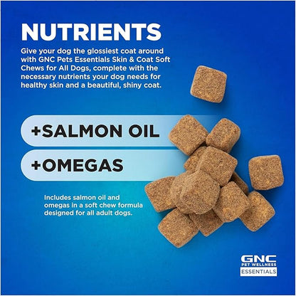 GNC Pets Essentials Skin & Coat Supplements for All Dogs, 60 Ct - 3 Pack | Skin & Coat Soft Chews for Dogs in Bacon Flavor | Dog Supplement with Salmon Oil, Omega Fatty Acids