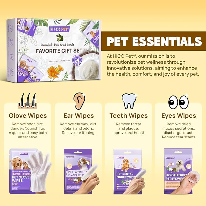 HICC PET Essential Wipes Kit for Dogs & Cats - Hypoallergenic Pet Cleaning Wipes for Teeth, Ears, Eyes, Body - Dog Supplies Cleaning Deodorizing Wipes - Coconut Oil Grooming Wipes for Dogs and Cats