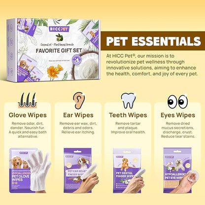 HICC PET Essential Wipes Kit for Dogs & Cats - Hypoallergenic Pet Cleaning Wipes for Teeth, Ears, Eyes, Body - Dog Supplies Cleaning Deodorizing Wipes - Coconut Oil Grooming Wipes for Dogs and Cats
