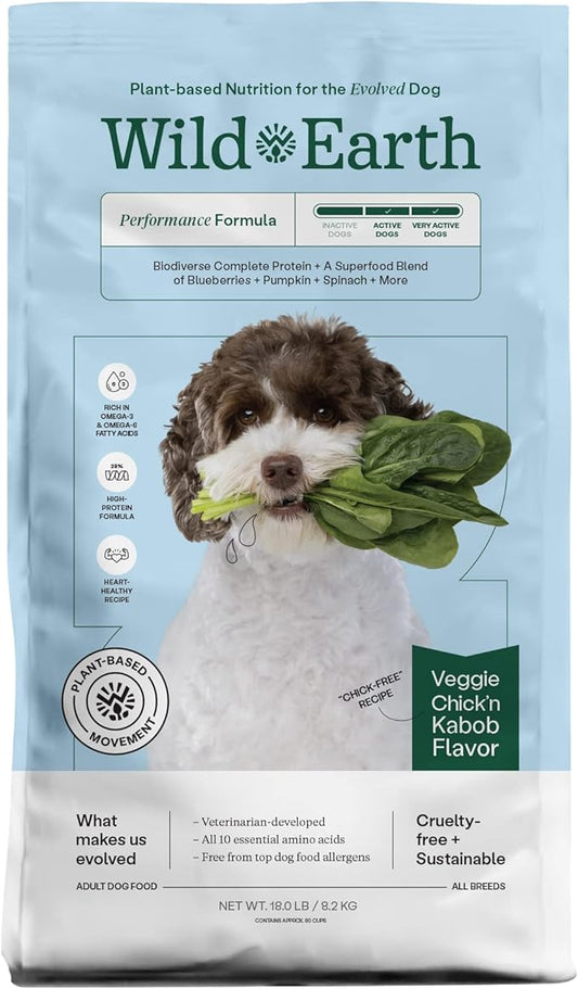 Wild Earth Vegan Dry Dog Food Performance Formula | Plant-Based Vegetarian Kibble | Wheat-Free, Allergen-Free, Veterinarian-Developed | Veggie Chick'n Kabob Flavor, 18lb Bag