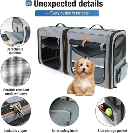 Lekereise 2-in-1 Cat,Dog Carrier for Small Medium Large Pets up to 45 Lbs, (20.85"*2)*19.7"*19.7" Car Travel Carrier with Litter Box, Bowl, and Locking Zipper - Dark Gray