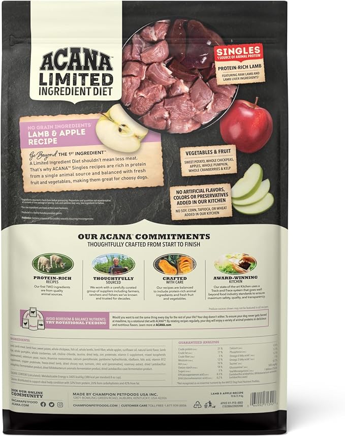 ACANA Singles Limited Ingredient Dry Dog Food, Grain Free Lamb & Apple Dog Food Recipe, 13lb