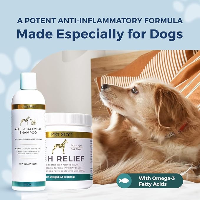 PetScy - Itch Relief & Aloe & Oatmeal Shampoo Bundle - Dog Itch Relief With Fatty Acids, EPA, DHA & Omega - Moisturizing Pet Shampoo for Skin Relief - For Healthy Shiny Coats - 30 Chews & 12 oz Bottle