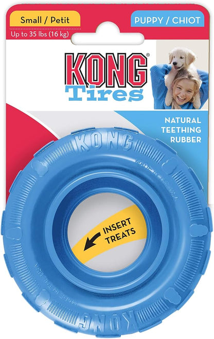 KONG Puppy Tires - Dog Chew Toy for Puppies - Stuffable Dog Toy for Treats & Snacks - Natural Rubber Chew Toy for Teething Puppy - for Small Puppies - Assorted Colors