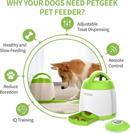 PETGEEK Treat Dispenser Dog Toys, Automatic Pet Feeder with Dual Power Supply and Remote Control, Dog Puzzle Toys and Interactive Dog Toys in One for Indoor or Outdoor Play(Green)