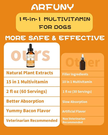 15 in 1 Multivitamin for Dogs | 60ML Dog Multivitamin Liquid Support Joint, Gut & Immune Health | Dog Liquid Vitamins for Digestion, Heart, Skin & Coat | Vitamin Supplements for Dogs | Bacon Flavor