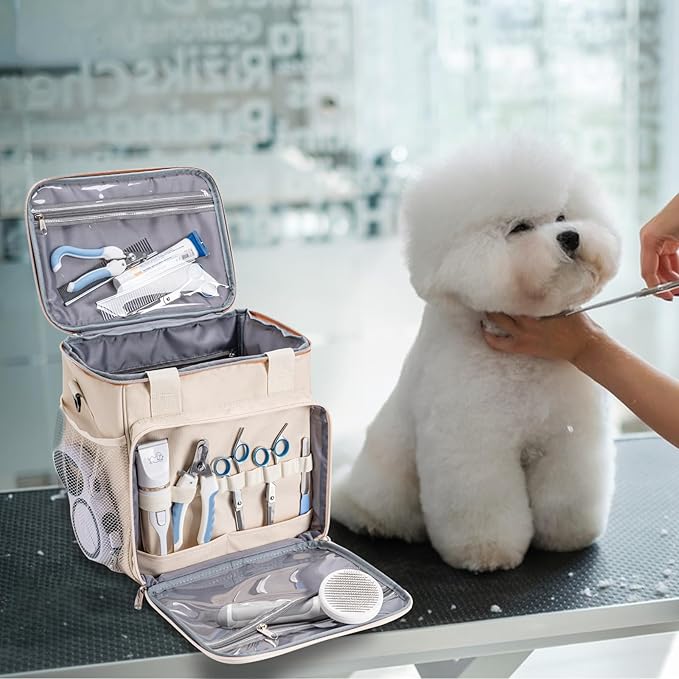 Pet Grooming Bag, Dog Grooming Supplies Organizer Tote Bag, Perfect for Pet Grooming Tool Kit Accessories-Cream