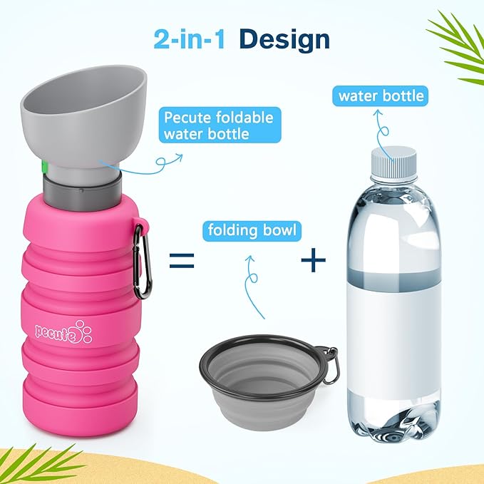 Pecute Dog Water Bottle Portable, 29oz Dog Foldable Water Bottle with Folding Bowl, Carabiner Clip, 5 Levels Capacity, 100% Food Grade Silicone, Dog Water Bottle for Outdoor Walking, Hiking, Travel