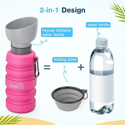 Pecute Dog Water Bottle Portable, 29oz Dog Foldable Water Bottle with Folding Bowl, Carabiner Clip, 5 Levels Capacity, 100% Food Grade Silicone, Dog Water Bottle for Outdoor Walking, Hiking, Travel