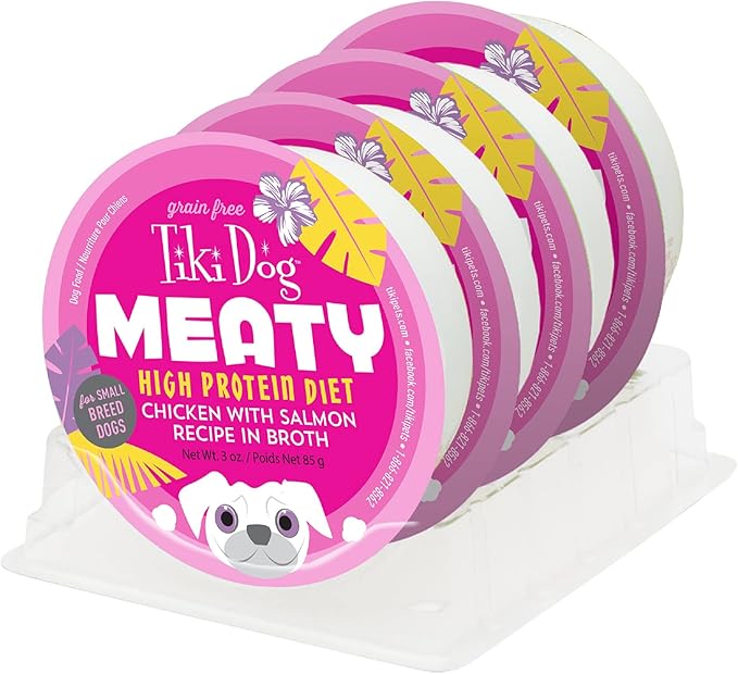 Tiki Dog Meaty – Grain Free High Protein Wet Dog Food Salmon Recipe in Broth, 4 cans, 3 oz