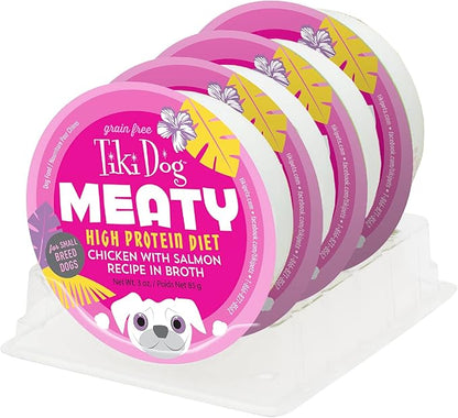 Tiki Dog Meaty – Grain Free High Protein Wet Dog Food Salmon Recipe in Broth, 4 cans, 3 oz