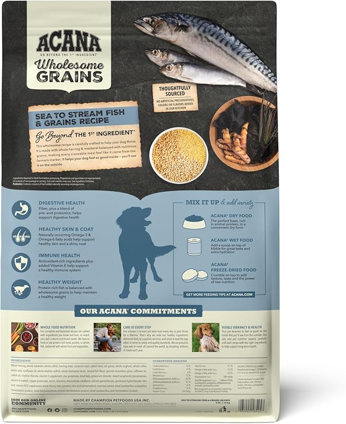 ACANA Wholesome Grains Dry Dog Food, Sea to Stream, Saltwater and Freshwater Fish & Grains Recipe, 4lb