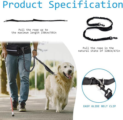 Hands Free Dog Leash with Zipper Pouch, Dual Padded Handles and Durable Bungee for Walking, Jogging and Running Your Dog, Waist Belt Dog Leash, Reflective Running Traction (Black)