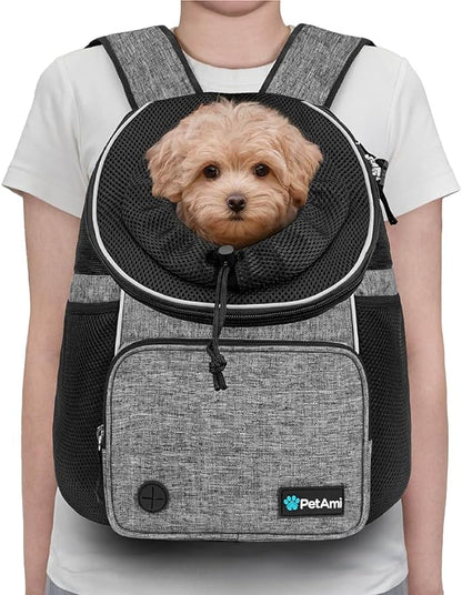 PetAmi Dog Front Carrier Backpack, Adjustable Pet Cat Chest Ventilated Dog Carrier for Hiking Camping Travel, Small Medium Puppy Large Cat Carrying Bag, Max 10 lbs, Gray