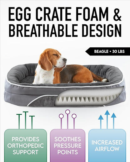 Orthopedic Dog Bed for Large Dogs, Dog Couch Design with Egg Foam Support, Removable, Machine Washable Plush Cover and Non-Slip Bottom with Four Sided Bolster Cushion (Gray)