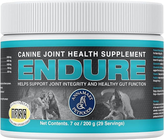 Annamaet Endure – Hip & Joint Powder Supplement for Dogs – with Glucosamine, Chondroitin and Green Lipped Mussel for Joint Support and Psyllium for Gut Health - 200 g