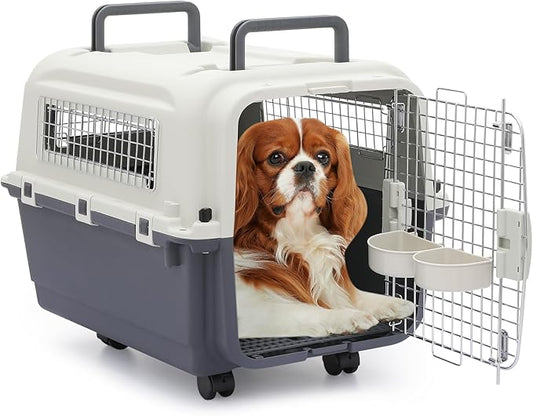 MoNiBloom 25.5-Inch Plastic Carrier with Wheels for Small Dogs and Cats, Multifunction Hard Cat Carrier Dog Kennel Ventilation and Security Lock Design for Pets up to 22 Pounds