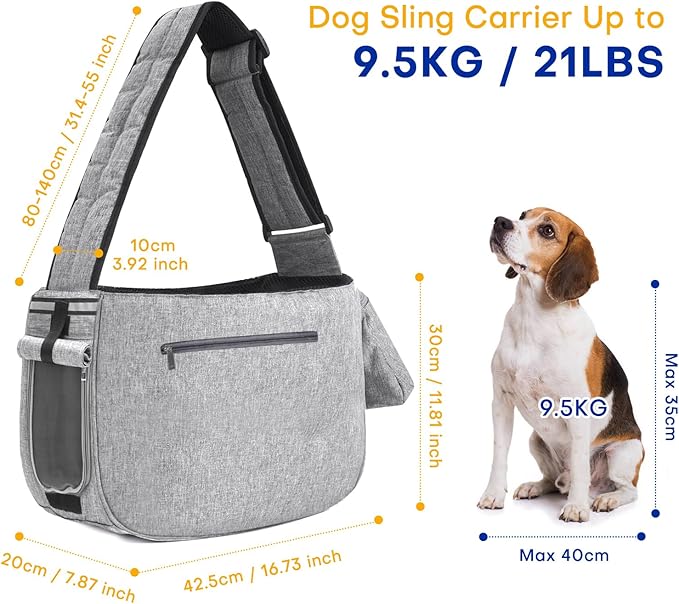 Dog Sling Carrier for Medium Dogs Small Dogs 10-20lbs, Dog Carrier Sling, Pet Carrier Sling with Breathable Windows, Hard Bottom, Hand-Free for Outdoor Travel (Grey)