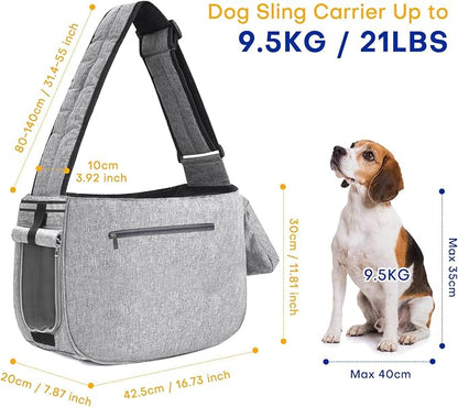 Dog Sling Carrier for Medium Dogs Small Dogs 10-20lbs, Dog Carrier Sling, Pet Carrier Sling with Breathable Windows, Hard Bottom, Hand-Free for Outdoor Travel (Grey)
