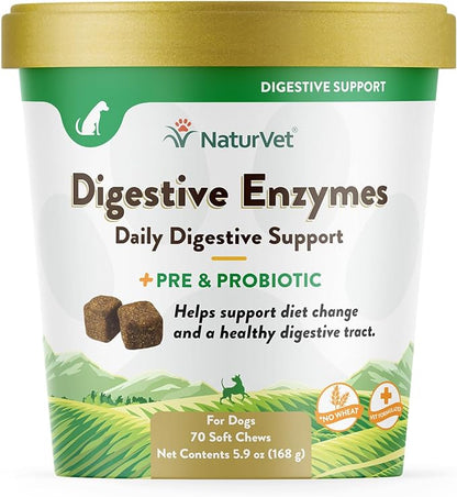 NaturVet – Digestive Enzymes - Plus Probiotics & Prebiotics – Helps Support Diet Change & A Healthy Digestive Tract – for Dogs & Cats (Soft Chews, 70 Count)