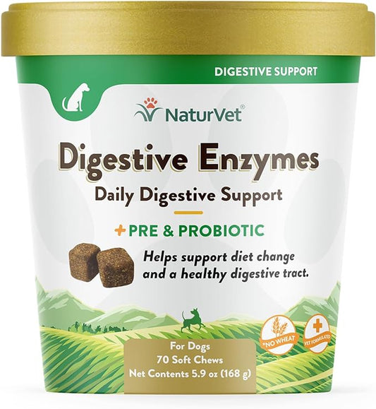 NaturVet – Digestive Enzymes - Plus Probiotics & Prebiotics – Helps Support Diet Change & A Healthy Digestive Tract – for Dogs & Cats (Soft Chews, 70 Count)