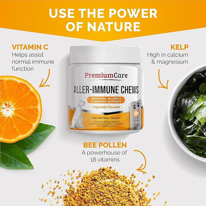 Premium Care Itch Relief for Dogs - 120 Allergy Chews for Dogs - Anti Itch Seasonal Support for Pets Itchy Skin Relief Skin Health Support with Colostrum, Vitamin C, Omega and Bee Pollen