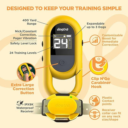 Dogtra CUE Remote Dog Training E-Collar for Small, Medium and Large Dogs - Range of 400 Yards, Waterproof, Vibrating, Rechargeable Correction Ecollar, 24 Training Levels, W/PetsTEK Clicker (1 Dog)